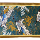 Satin scarf with Japanese stork design, blue and gold hues