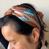 Satin scarf blue and beige headwrap