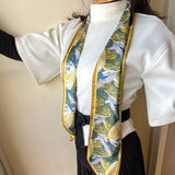 Satin scarf with Japanese stork design, worn 