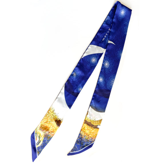 Satin twilly scarf, midnight blue impressionist design